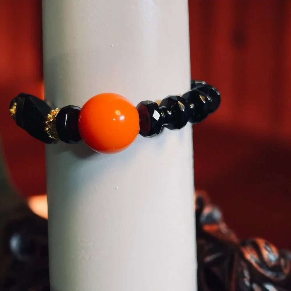 Handmade Black Orange Beaded Bracelet Stretch Crystal Goth Halloween Statement‎